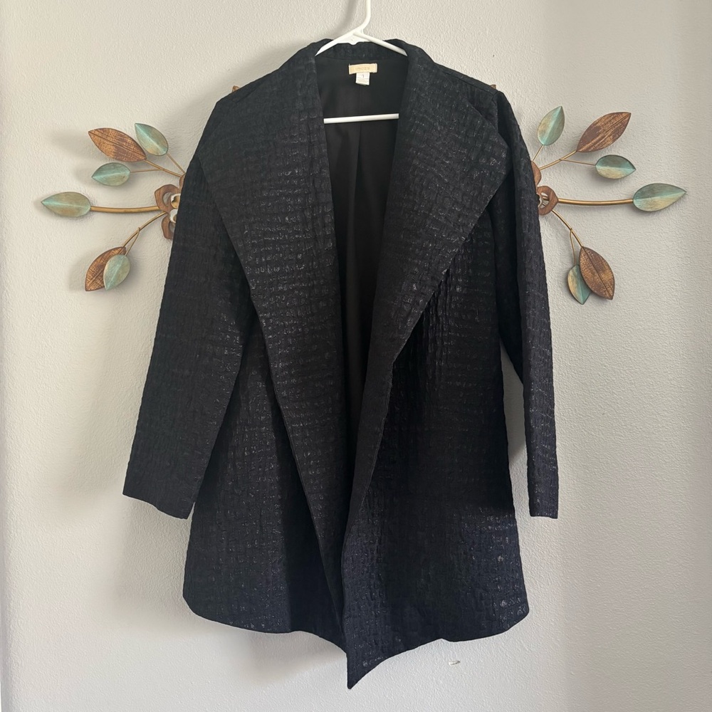 Chico's Womens Black Metallic Textured Drape Open Front Jacket Size 1